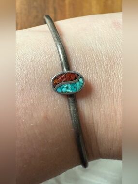 Vintage Crushed Turquoise Coral Inlay Dainty Thin Sterling Silver Cuff Bracelet